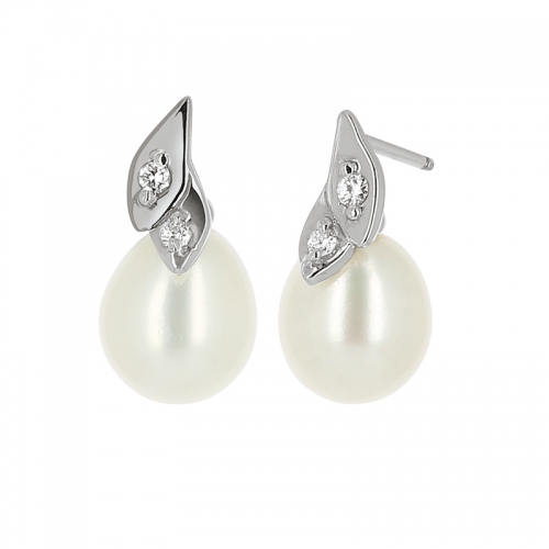 Boucles d'oreilles perle de culture diamants or blanc
