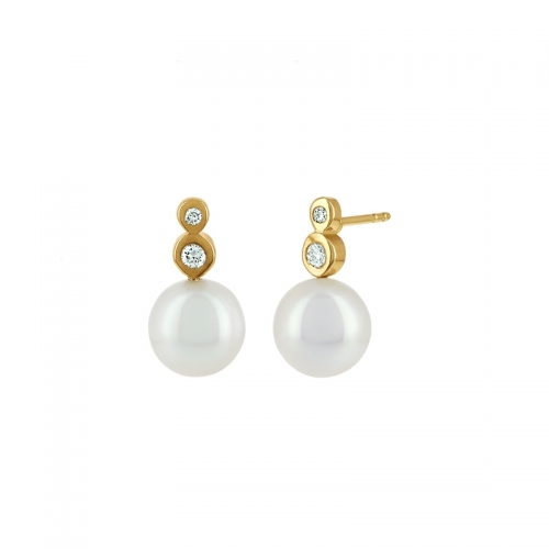 Boucles d'oreilles - Or jaune, perle akoya, diamants